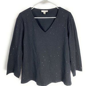 St. John Sport Pullover Black Cotton Blend Sweater Glitter Womens V Neck Size L